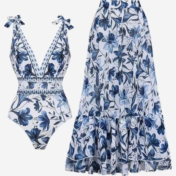 M Size Blue Print Women's Sexy One-Piece Swimsuit Set With Matching Long Dress - European/American Style Bikini with Built-in Pads