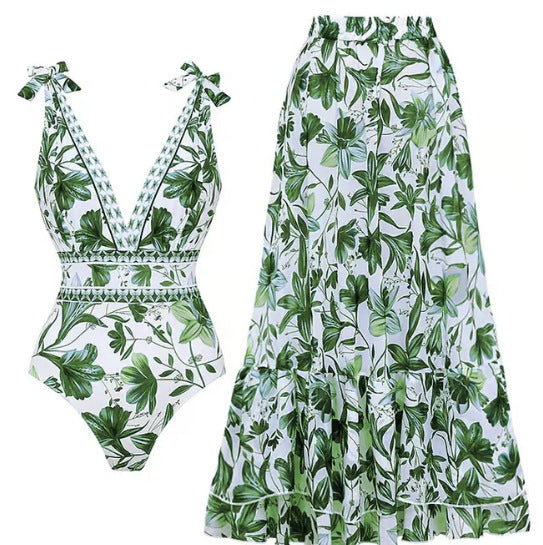 XL Size Green Print Women's Sexy One-Piece Swimsuit Set With Matching Long Dress - European/American Style Bikini with Built-in Pads