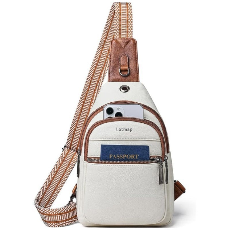 White Women's 3-Layer Zipped PU Chest Bag with Reversable Strap - Roomy But Not Nulky Single Shoulder Crossbody Bag