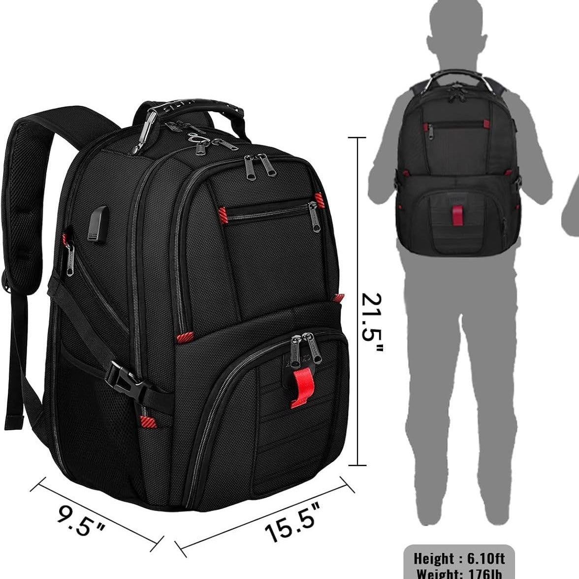 Black 50L Extra Large Laptop Backpack with USB Charging Port - Waterproof Oxford Fabric Travel & Business Bag, Fits up to 16-inch Laptops