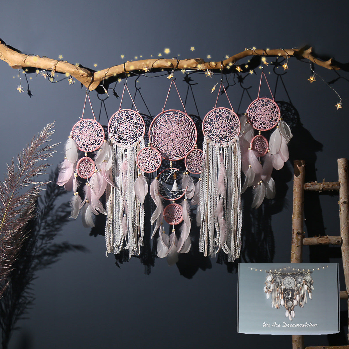 5-Piece Bohemian Handmade Dreamcatcher Wall Hanging Set (Pink) - Nordic Style Feather Room Decor with Premium Gift Box