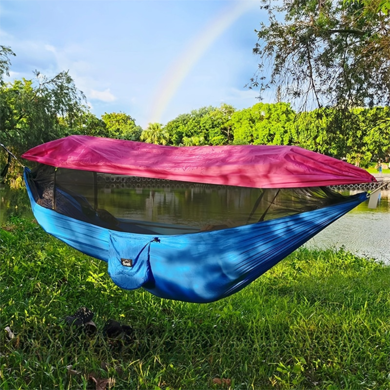 290 x 140CM Professional Nylon Hammock with Integrated Mosquito Net & Sunshade - 2-Person Anti-Rollover Camping Swing with Heavy-Duty Installation Kit (Blue Pink)
