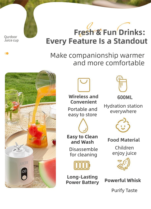 Gray Portable 600ml Wireless Juicer Blender with 12-Leaf Blades - 20,000 RPM High-Speed Smoothie Maker & Self-Cleaning Personal Blender for Travel and Home