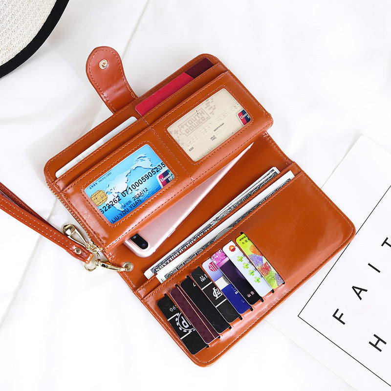 Brown Women's Long Buckle Closure Wallet - PU Lether Large Capacity Multi-Slot Card Holder & Purse Combo wIth Wristband