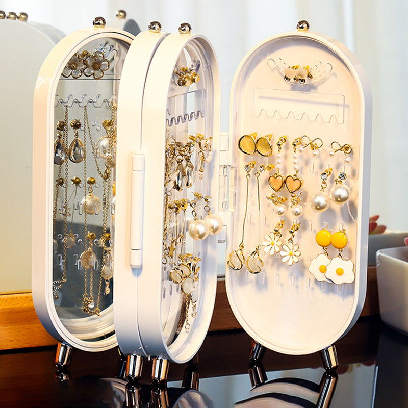 Green 4-Layer Retractable Screen-Style Jewelry Display Stand With Mirror Zone - Dust-Proof Necklace & Earring Organizer Case for Vanity