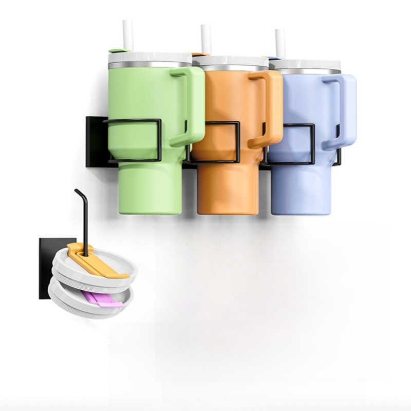 Drill-Free Magnetic Cup Organizer with Dedicated Lid Hook - Heavy Duty Carbon Steel Side Rack for Stanley Tumblers