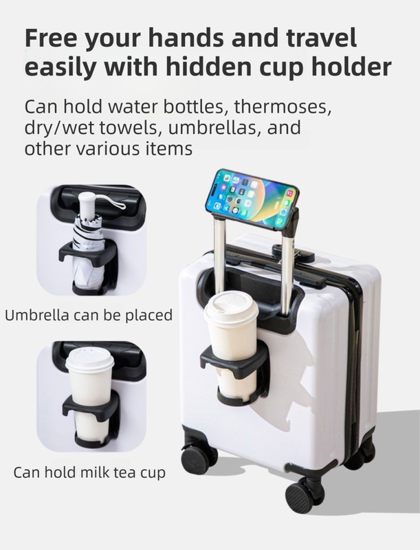 Black 16 Inch Lightweight Carry-on Luggage for heights over 1.6m - Underseat & Overhead Cabin Hardside Suitcase with Cup Holder & Phone Stand