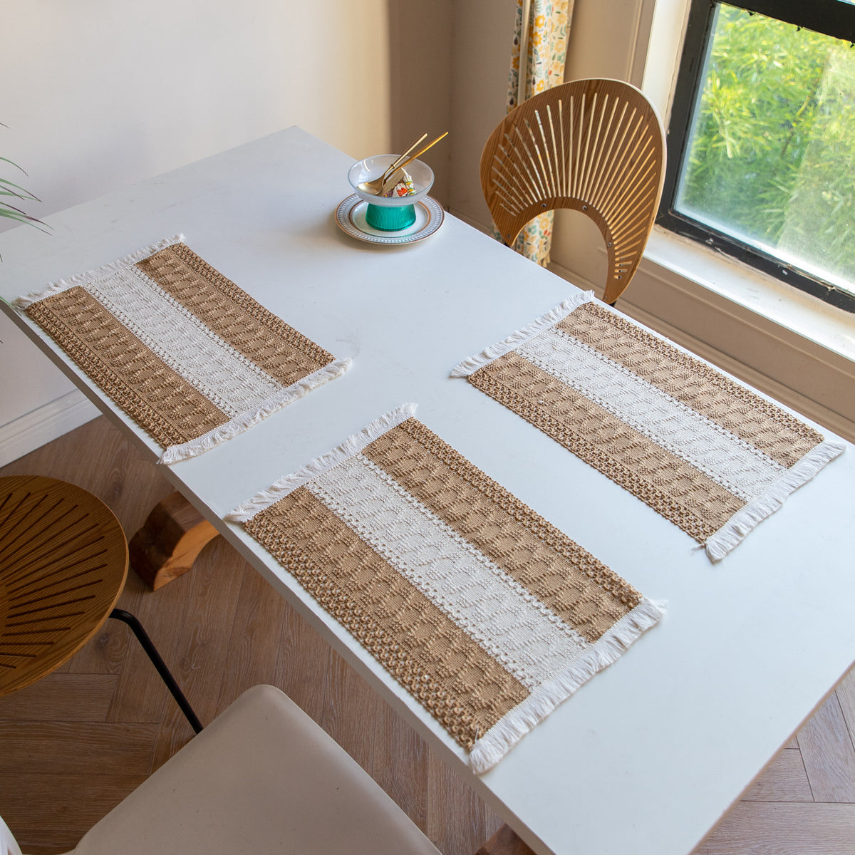 White-Grey Bohemian Woven Dining Mat with Tassels(30X50CM) - Wrinkle-Resistant Striped Placemat for Wedding, Holiday & Outdoor Party