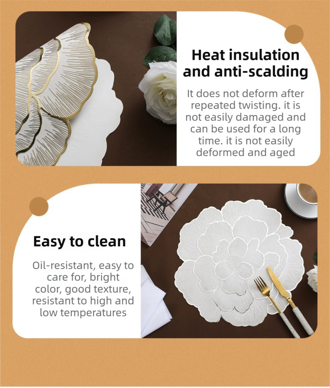 4-Pack Rose-Gold Luxury Bronzing Floral Heat-Insulated Placemats - Peony Style Anti-Slip & Waterproof PVC Table Mats(38x38CM)
