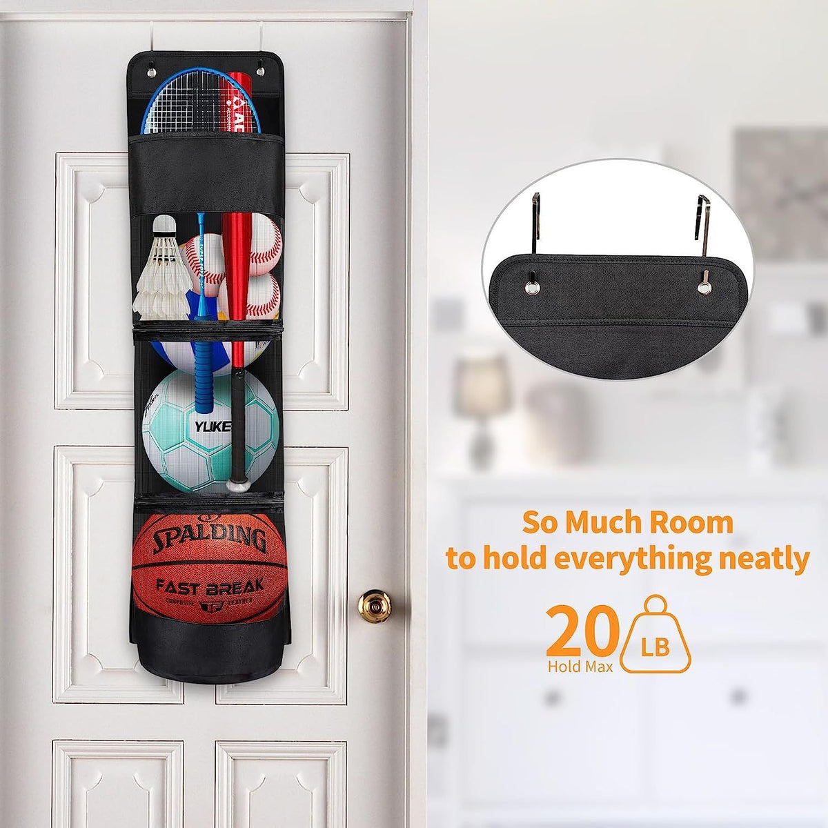 Over-the-Door Hanging Sports Gear Organizer With Zipper for Easy-Access to Bottom - Heavy-Duty Mesh Storage Bag for Balls & Kids' Toys