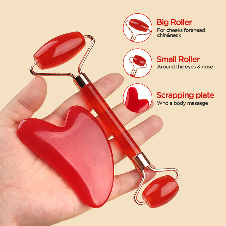 Pink Dual-Head Resin Facial Roller and Heart-Shaped Gua Sha Set for Home SPA Skincare and Face Neck Massage
