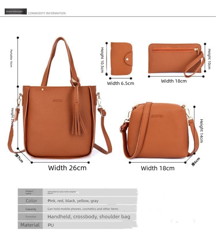 Pink 4-Piece Women Bag Set Lychee Grain PU Leather Large Capacity Tote Shoulder Bag Crossbody Clutch and Card Holder for Daily Travel and Work Use