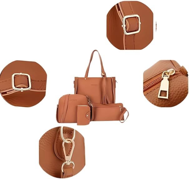 Brown 4-Piece Women Bag Set Lychee Grain PU Leather Large Capacity Tote Shoulder Bag Crossbody Clutch and Card Holder for Daily Travel and Work Use