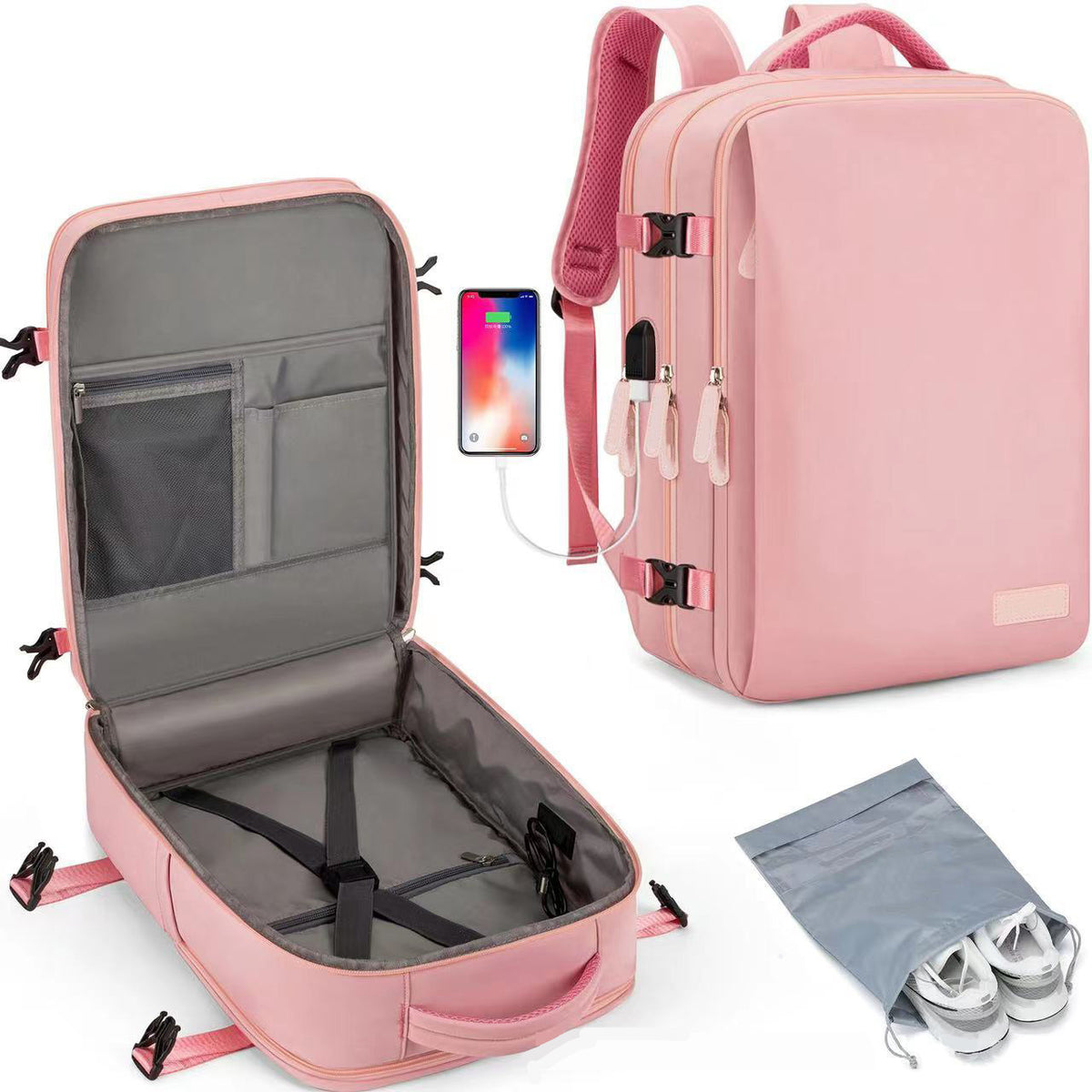 Pink Large Capacity Backpack with USB Charging Port and Waterproof Fabric for Travel Work and Daily Use