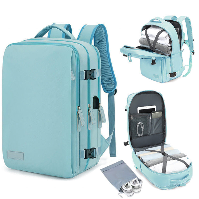 Blue Large Capacity Backpack with USB Charging Port and Waterproof Fabric for Travel Work and Daily Use