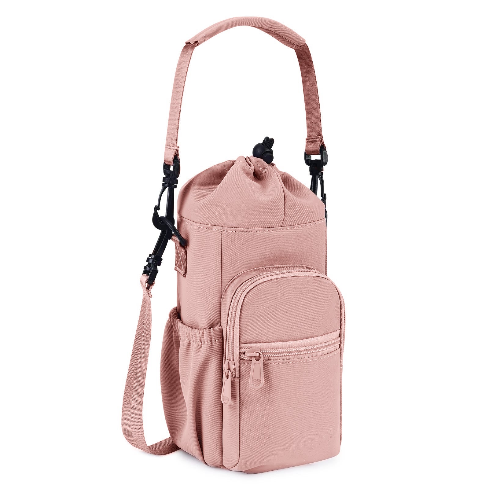 Pink Water Bottle Carrier with Drawstring Closure β Adjustable Shoulder Strap, Front Pocket, and Side Storage for Daily Use