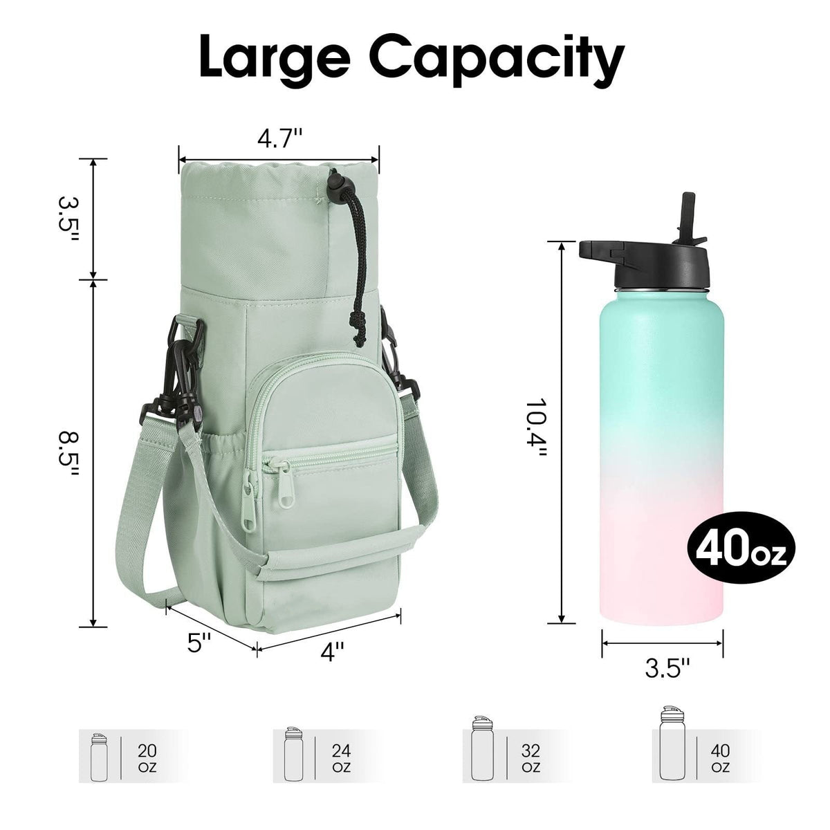 Pink Water Bottle Carrier with Drawstring Closure – Adjustable Shoulder Strap, Front Pocket, and Side Storage for Daily Use