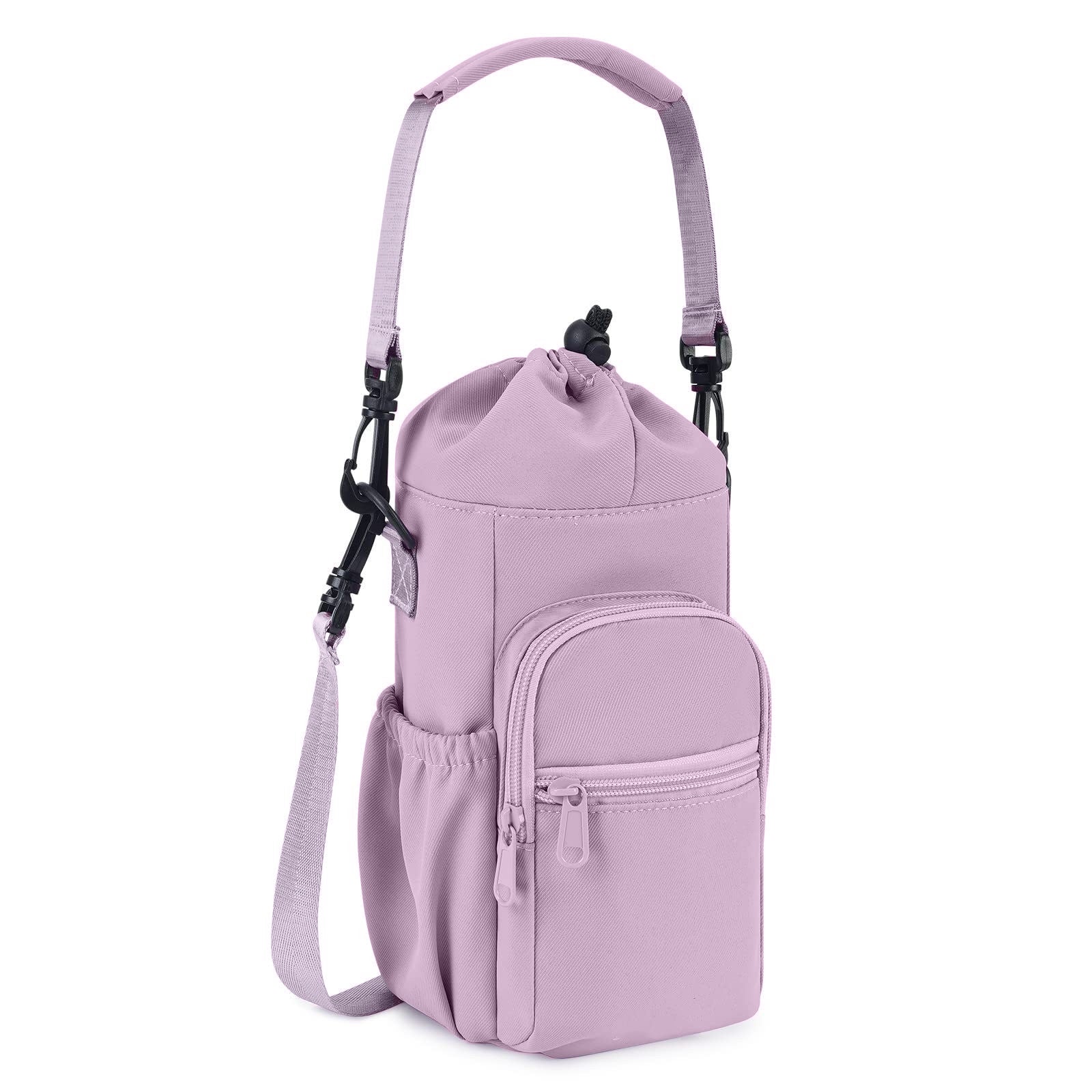Purple Water Bottle Carrier with Drawstring Closure β Adjustable Shoulder Strap, Front Pocket, and Side Storage for Daily Use