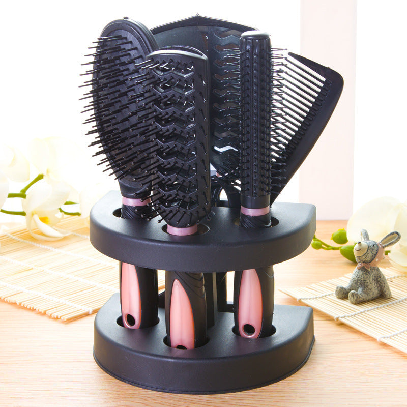 Pink 5-Piece Hair Care Set with Rotating Stand β Includes Flat Comb, Styling Brush, Massage Comb, Round Brush, and Handheld Mirror