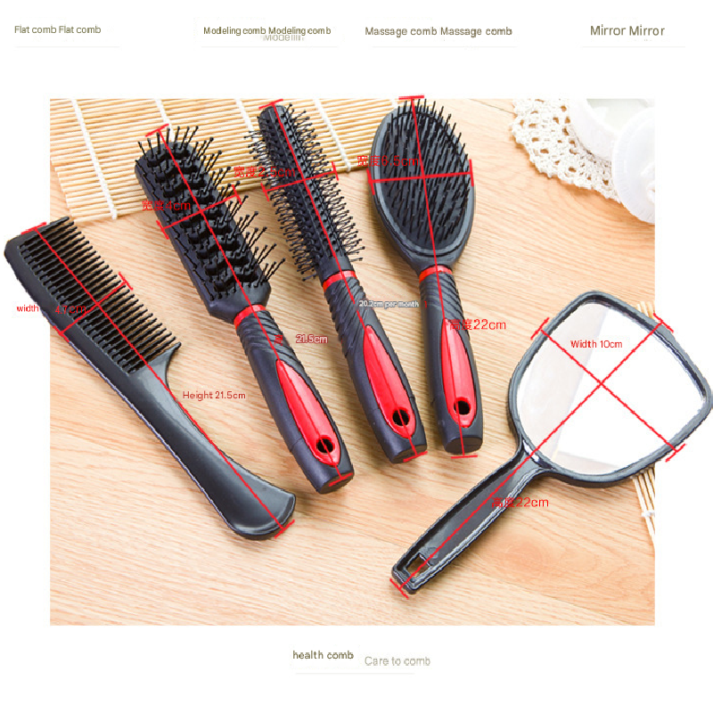 Red 5-Piece Hair Care Set with Rotating Stand – Includes Flat Comb, Styling Brush, Massage Comb, Round Brush, and Handheld Mirror