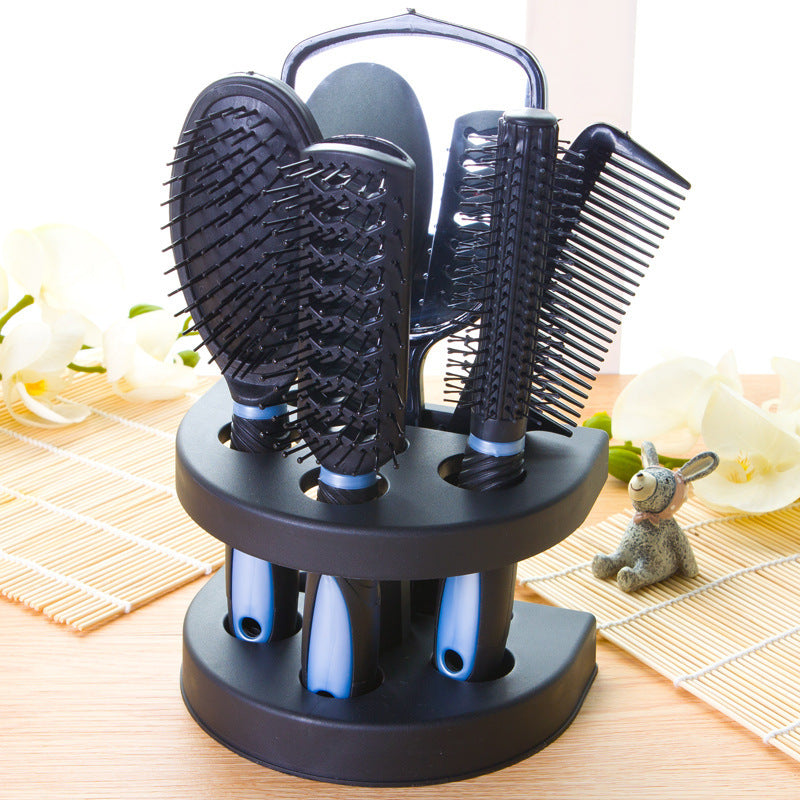 Blue 5-Piece Hair Care Set with Rotating Stand β Includes Flat Comb, Styling Brush, Massage Comb, Round Brush, and Handheld Mirror