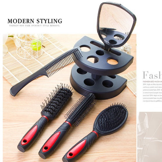 Purple 5-Piece Hair Care Set with Rotating Stand – Includes Flat Comb, Styling Brush, Massage Comb, Round Brush, and Handheld Mirror