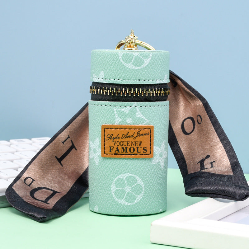 Green Mini Cylinder Lipstick Case Keychain with Silk Scarf Charm PU Leather Coin Purse Bag Pendant for Earphones Keys Vintage Floral Pattern