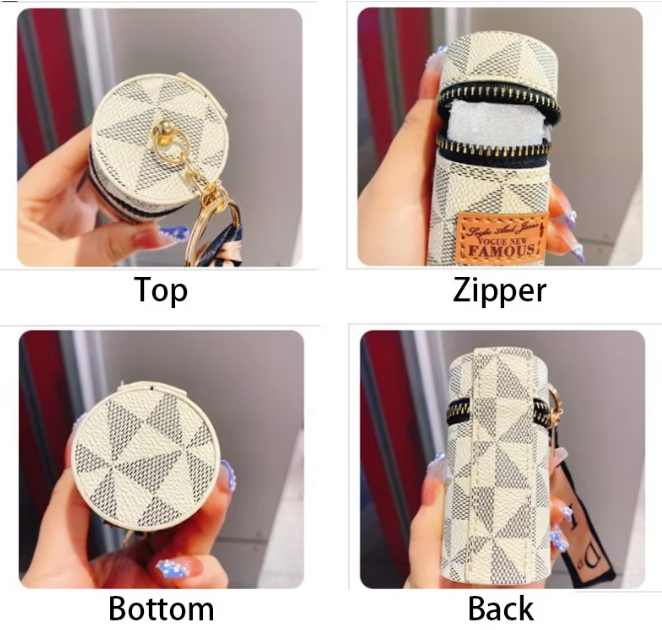 Green Mini Cylinder Lipstick Case Keychain with Silk Scarf Charm PU Leather Coin Purse Bag Pendant for Earphones Keys Vintage Floral Pattern