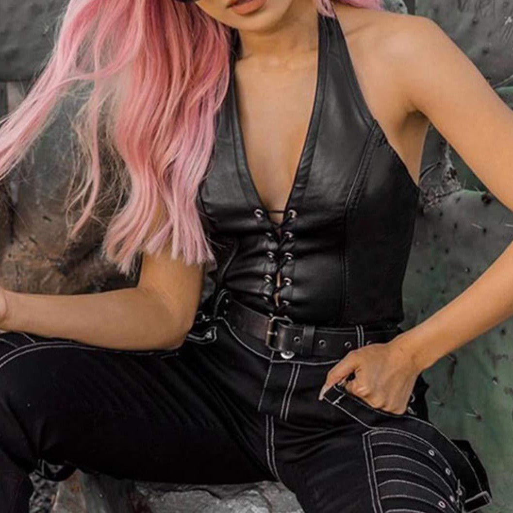 Women's Faux Leather Halter Crop Top Sexy Lace Up Deep V Camisole Gothic Punk Rave Festival Clubwear (Black, Size XL)