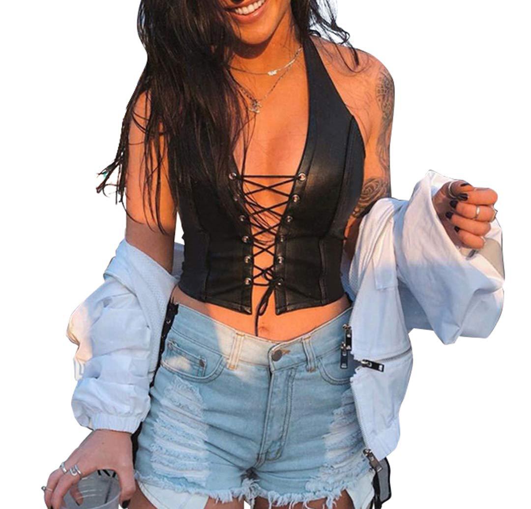 Women's Faux Leather Halter Crop Top Sexy Lace Up Deep V Camisole Gothic Punk Rave Festival Clubwear (Black, Size XL)