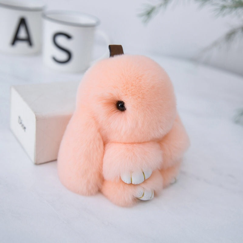 Fluffy Mini Rex Rabbit Fur Keychain Cute Bunny Bag Charm - Soft Plush Animal Doll Key Ring for Car Keys & Handbags - Apricot Pink