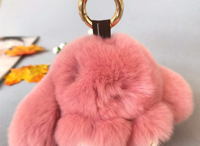 Fluffy Mini Rex Rabbit Fur Keychain Cute Bunny Bag Charm - Soft Plush Animal Doll Key Ring for Car Keys & Handbags - Bean Paste Pink