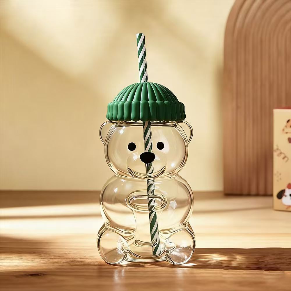 Creative Bear Shape Glass Water Bottle with Straw Cute Cartoon Coffee Cup and Cold Drink Tumbler β Green Hat Bear Edition