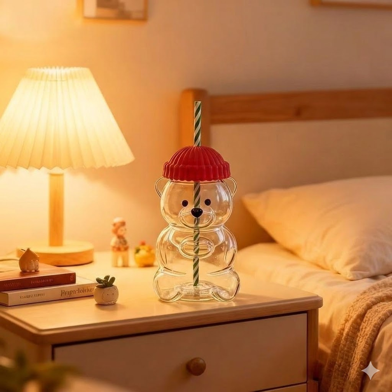 Creative Bear Shape Glass Water Bottle with Straw Cute Cartoon Coffee Cup and Cold Drink Tumbler β Red Hat Bear Edition