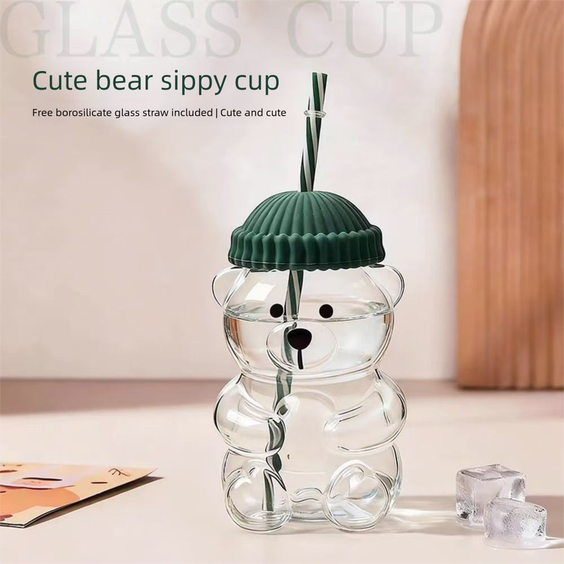 Creative Bear Shape Glass Water Bottle with Straw Cute Cartoon Coffee Cup and Cold Drink Tumbler β Red Hat Bear Edition