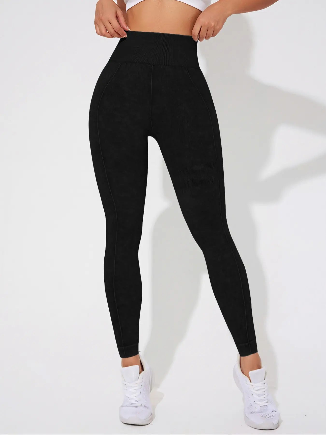 Seamless High Waisted Yoga Leggings 2 PCS Solid Black and Sand Washed Blue Size L Moisture Wicking Activewear