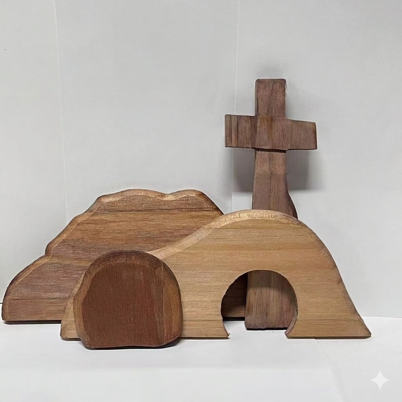 Easter Resurrection Scene Wooden Tabletop Ornament β Handcrafted Cross & Tomb Commemorative Display