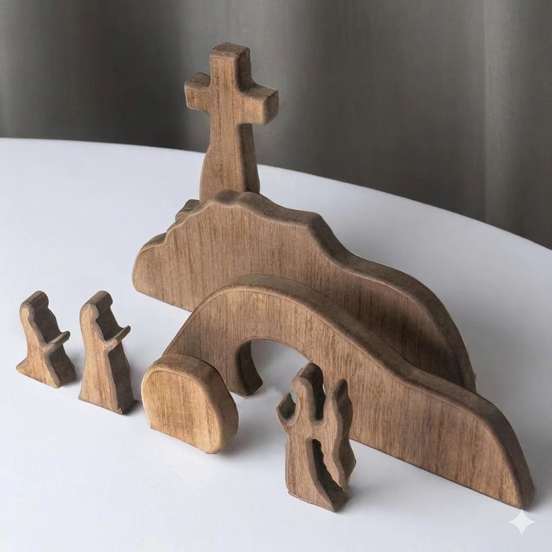 Easter Resurrection Scene 7-Piece Wooden Tabletop Set β Handcrafted Cross, Tomb, and Figurines Commemorative Display