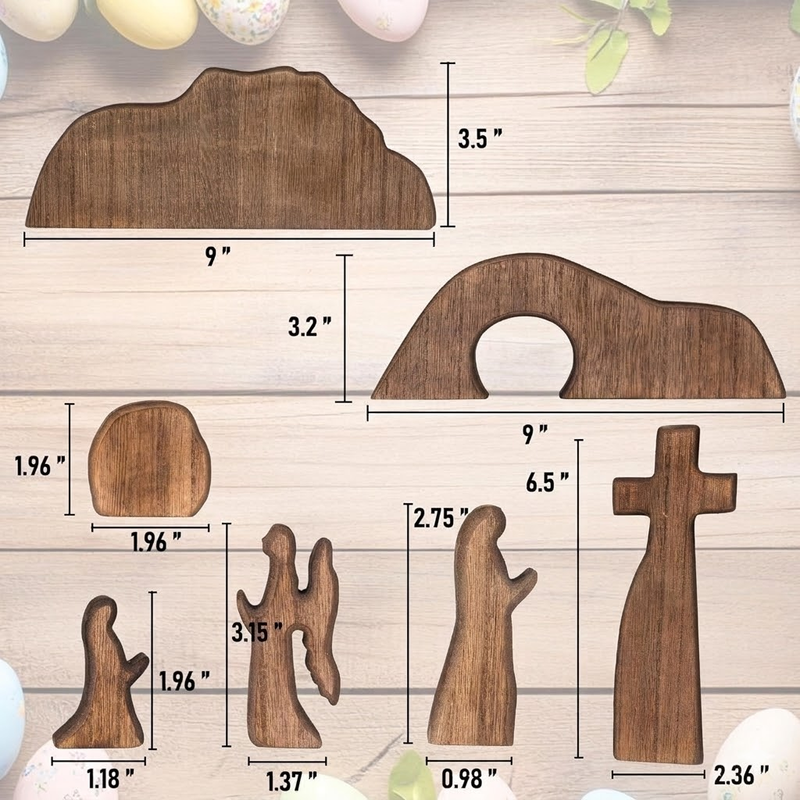 Easter Resurrection Scene 7-Piece Wooden Tabletop Set β Handcrafted Cross, Tomb, and Figurines Commemorative Display