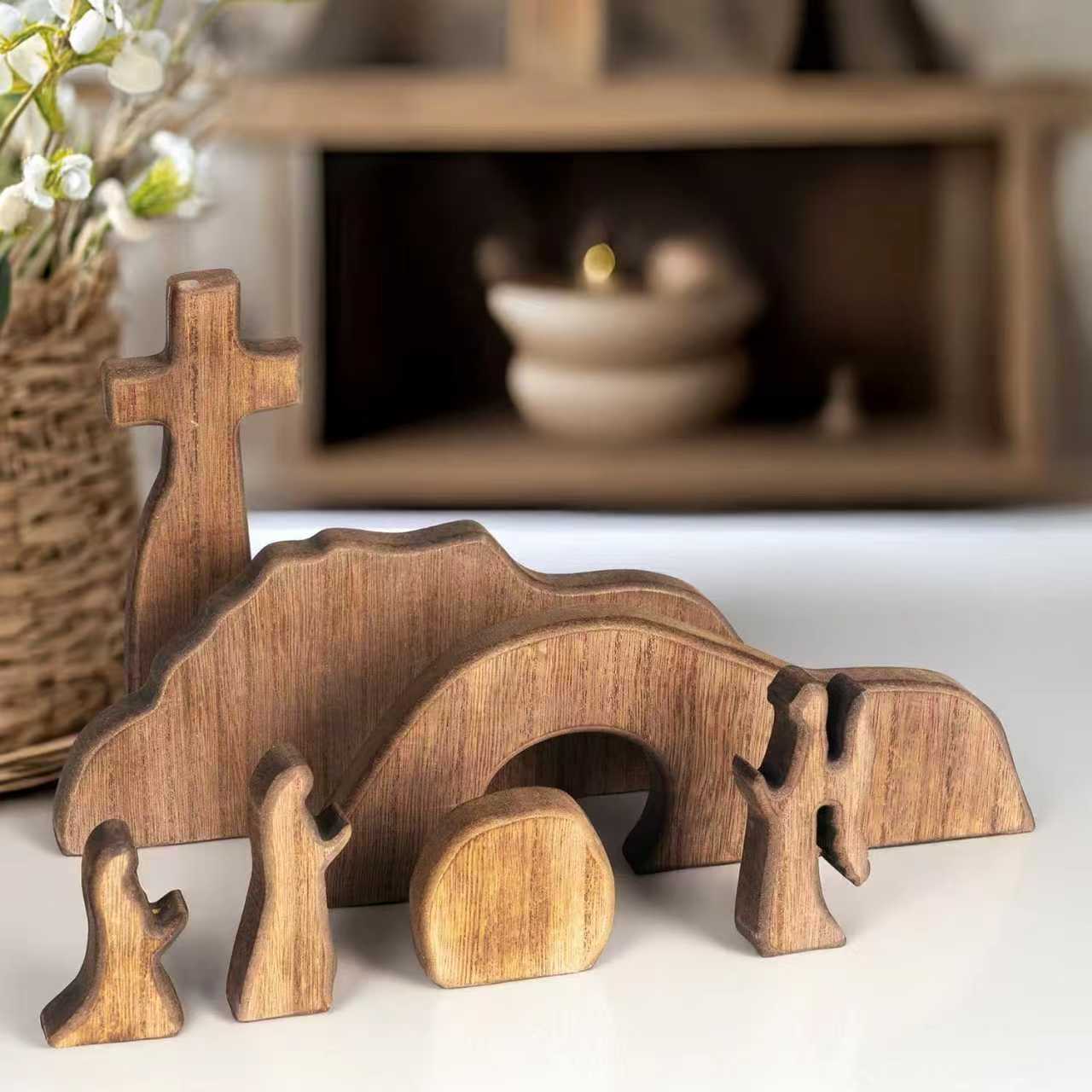 Easter Resurrection Scene Set Mini Wooden Figurine Ornament β Handcrafted Cross & Tomb Creative Tabletop Decoration