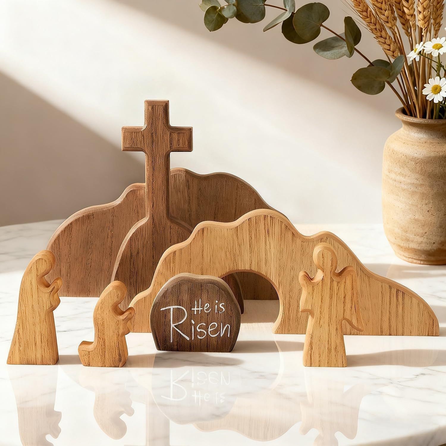 Easter Resurrection Scene Set Mini Wooden Figurine Ornament β Symbolic Cross & Open Tomb Creative Tabletop Decoration