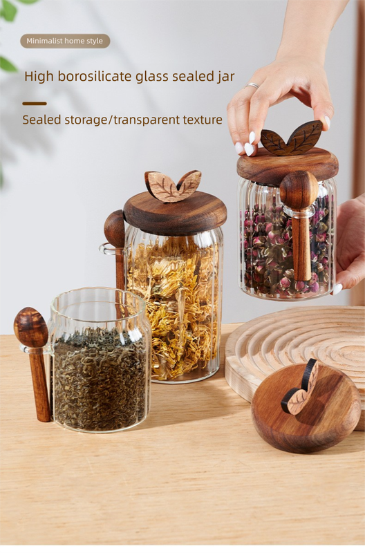800ml Premium Borosilicate Glass Storage Jar with Acacia Wood Lid & Integrated Spoon β Airtight Moisture-Proof Kitchen Canister for Tea, Coffee, and Spices