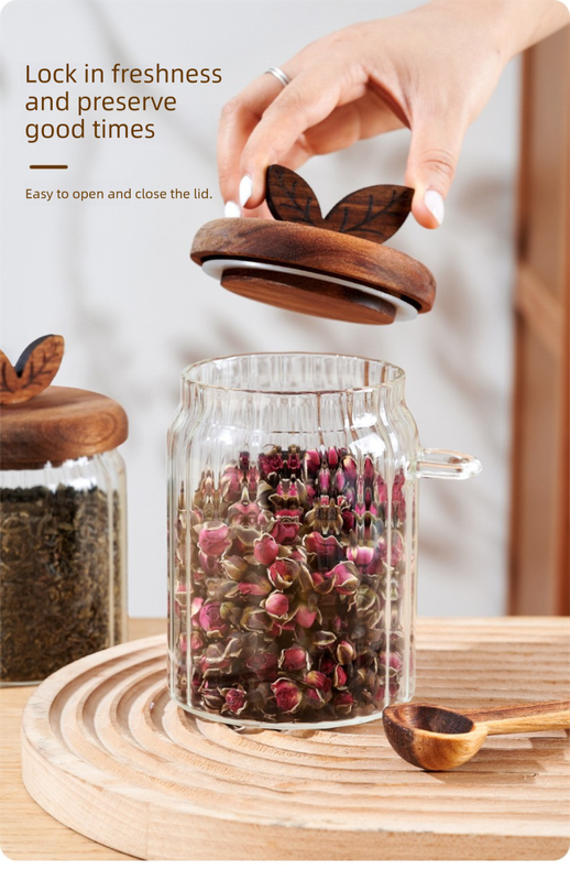 800ml Premium Borosilicate Glass Storage Jar with Acacia Wood Lid & Integrated Spoon – Airtight Moisture-Proof Kitchen Canister for Tea, Coffee, and Spices