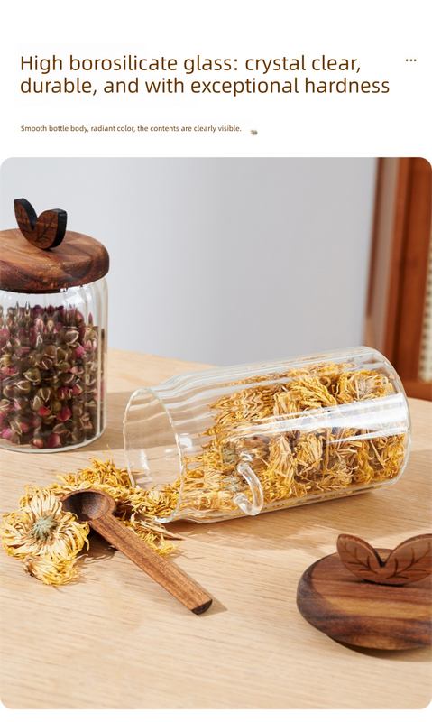 800ml Premium Borosilicate Glass Storage Jar with Acacia Wood Lid & Integrated Spoon – Airtight Moisture-Proof Kitchen Canister for Tea, Coffee, and Spices
