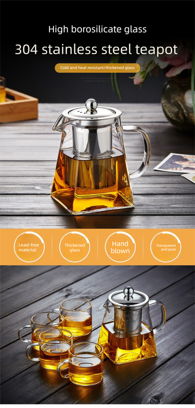 950ml Heat Resistant Glass Teapot with 304 Stainless Steel Infuser Thickened Square Base Loose Leaf Tea Maker for Home Entertaining
