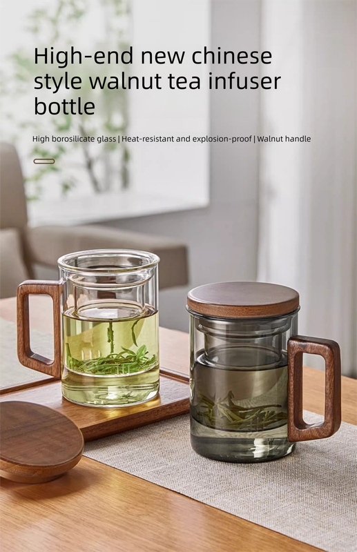 400ml Smoky Grey Borosilicate Glass Tea Mug with Infuser and Wooden Handle Loose Leaf Teacup for Office