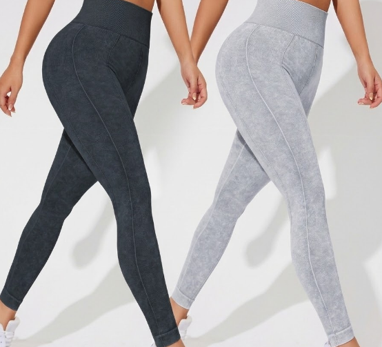 2 PCS Women's High Waisted Seamless Yoga Leggings Washed Black and Light Grey Activewear Tights Size M