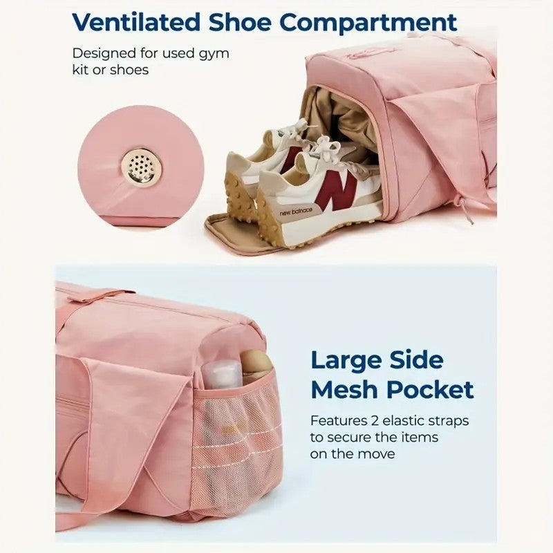 Pink High-Capacity Yoga Gym Duffel Set with Bonus Bottle Phone Pouch, Separate Shoe Compartment & Yoga Mat Strap