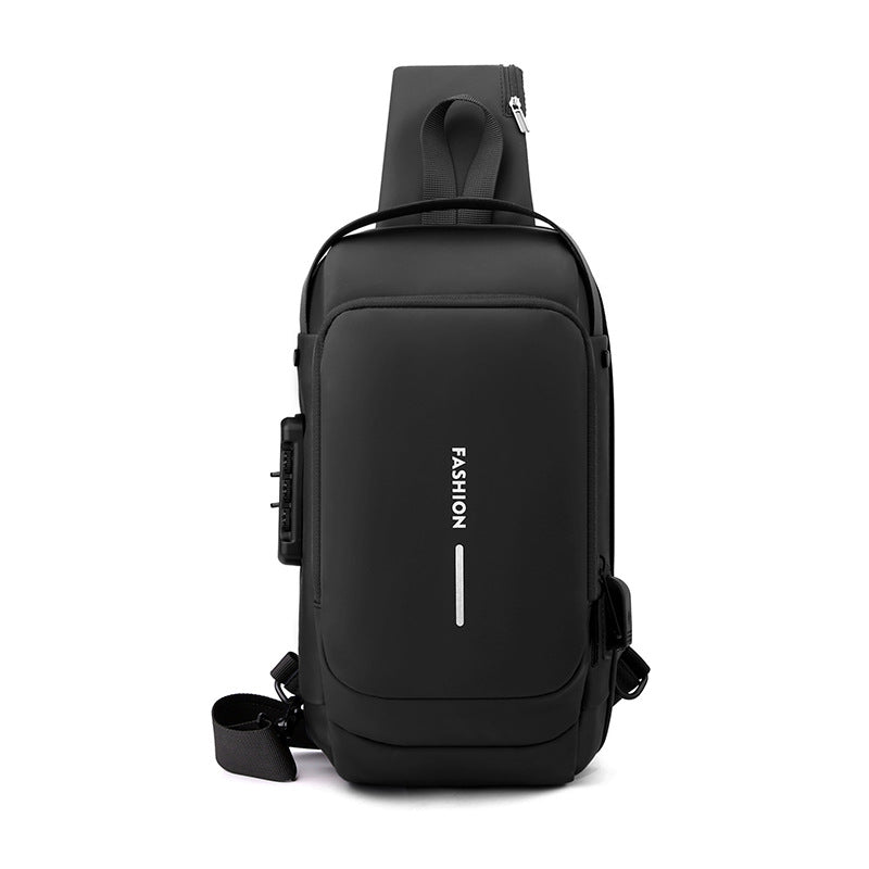 Black High Capacity Anti-Theft Tactical Chest Bag - Waterproof Leather-Film Sling with USB Charging & TSA Password Lock