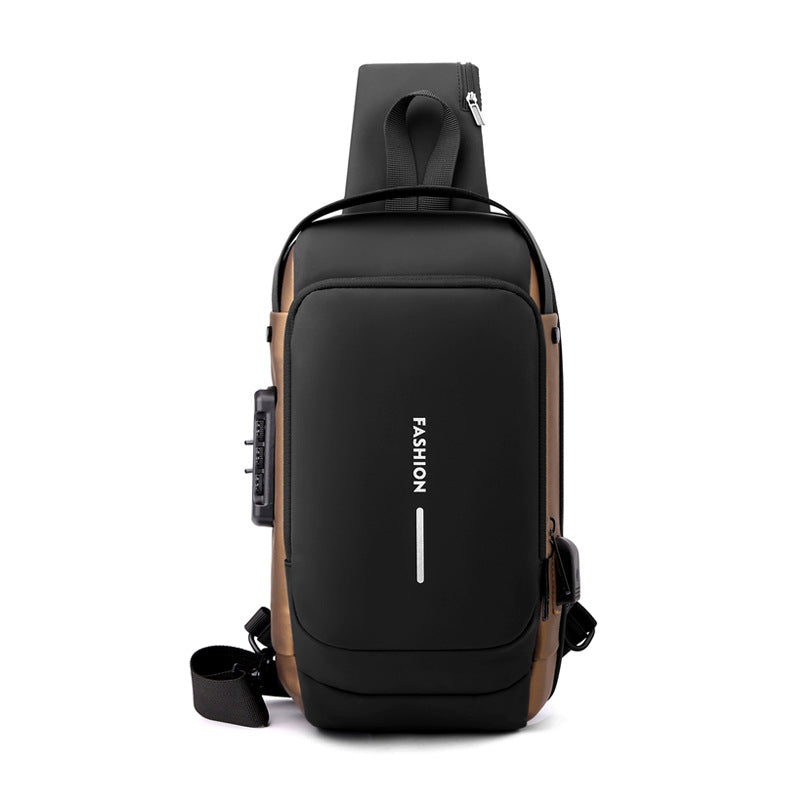 Black-Gold High Capacity Anti-Theft Tactical Chest Bag - Waterproof Leather-Film Sling with USB Charging & TSA Password Lock